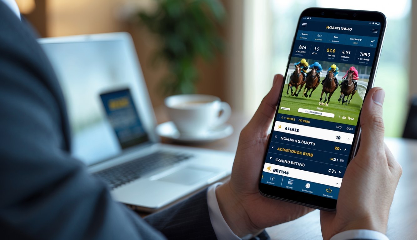Seseorang memegang ponsel yang menampilkan aplikasi taruhan balap kuda dengan latar dalam ruangan.