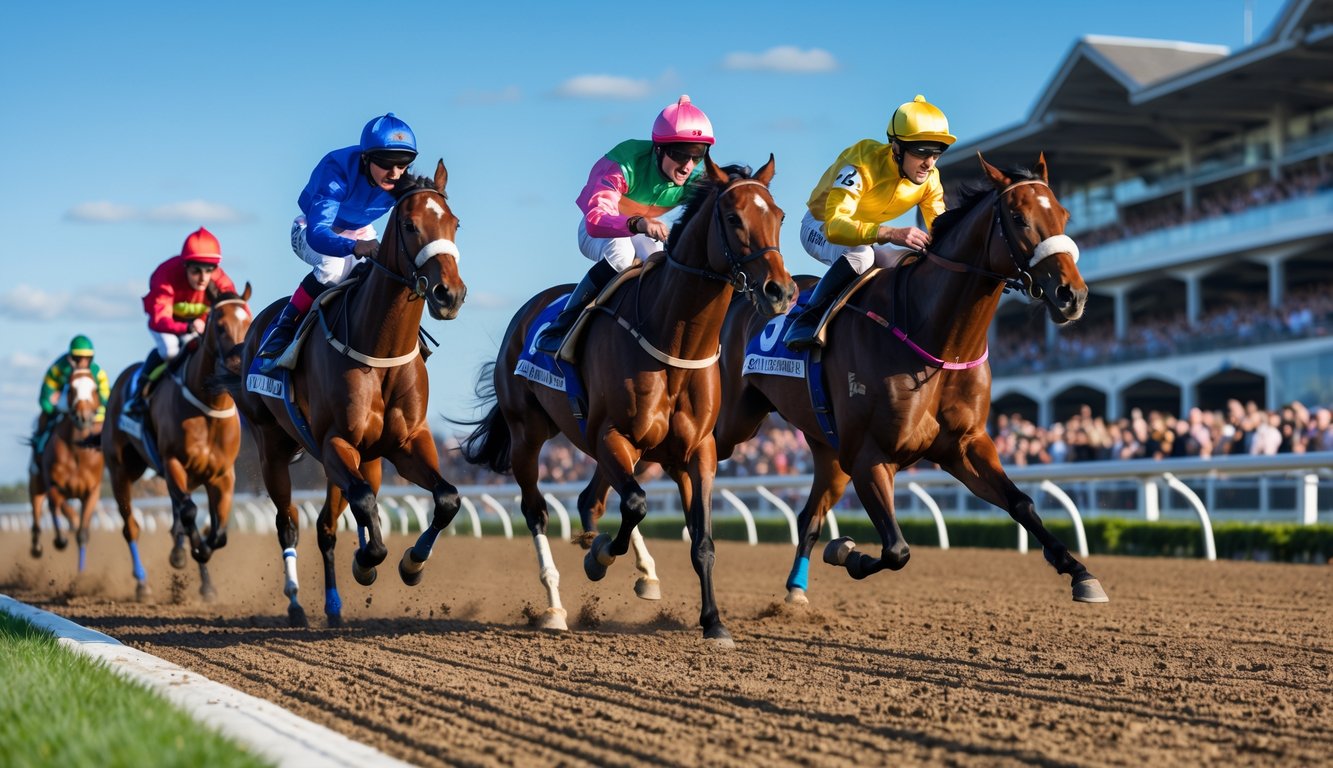 Beberapa kuda pacu yang sedang berlari kencang di lintasan balap dengan penonton di tribun latar belakang.