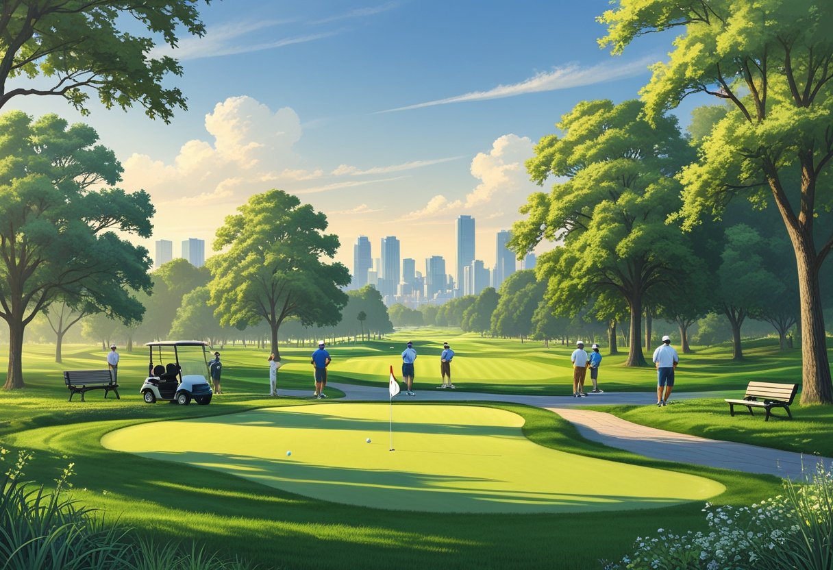 A golf course with green fairways, trees, golfers playing, and a city skyline in the background under a clear sky.