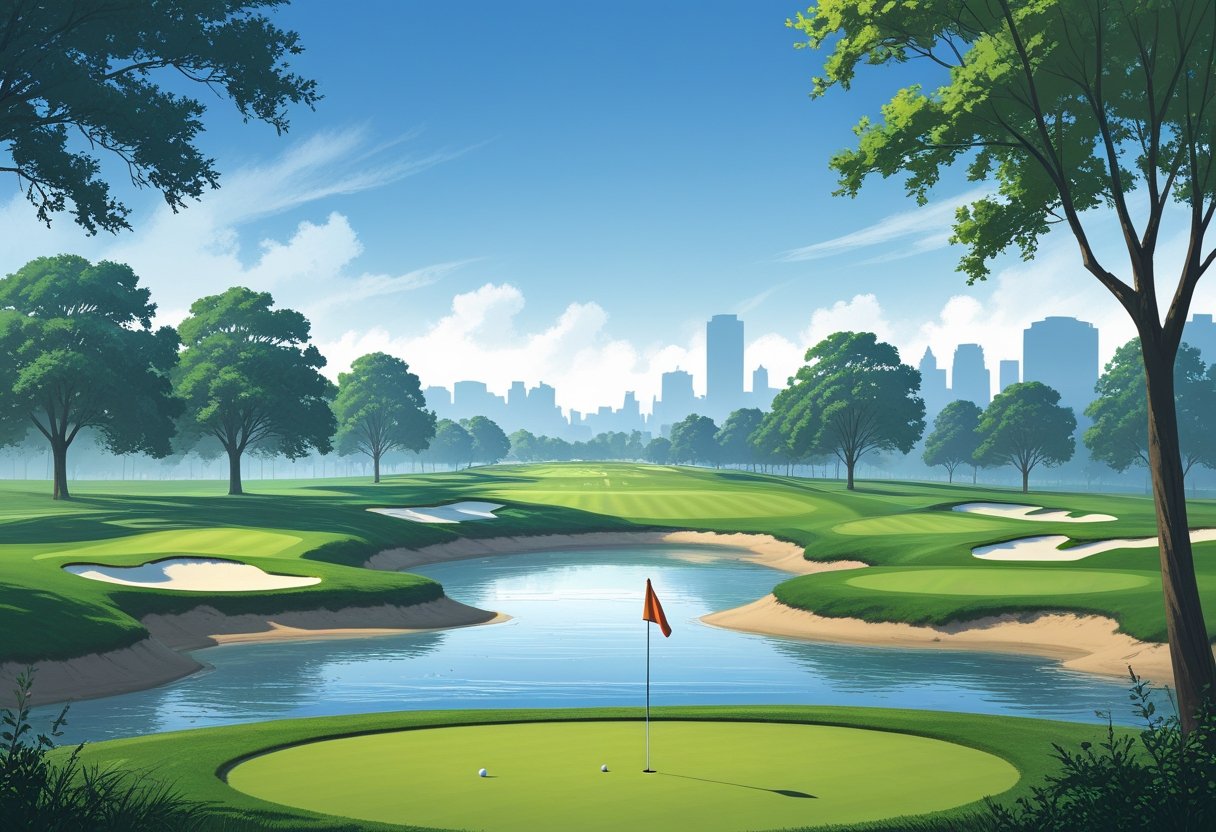 A scenic view of a city-owned golf course with green fairways, sand bunkers, a pond, and city buildings in the background.