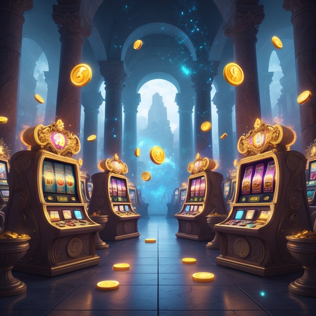 Sebuah museum kuno dengan mesin slot bercahaya dan artefak magis di dalam ruangan yang penuh dengan cahaya lembut dan partikel berkilauan.