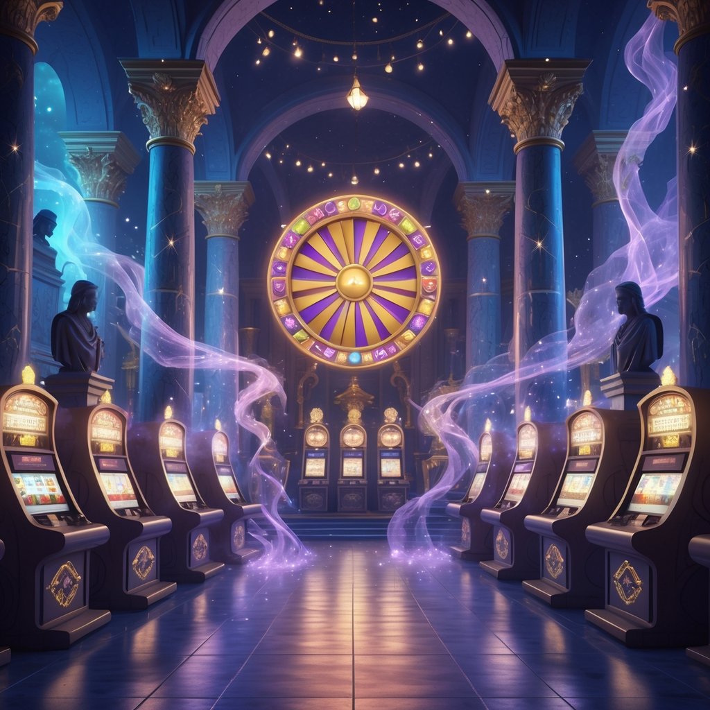 Sebuah museum kuno yang dipenuhi artefak bercahaya dan mesin slot ajaib dengan suasana penuh misteri dan keajaiban.