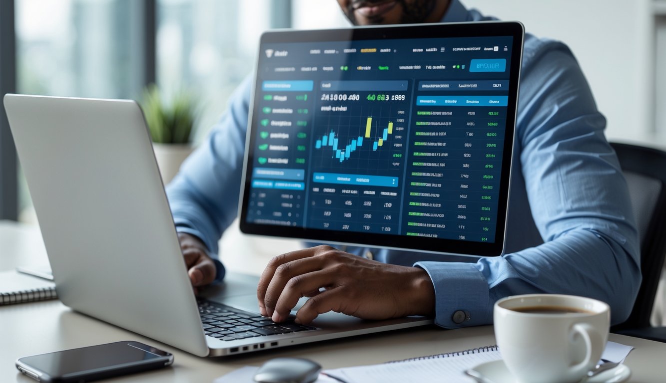 Seorang pria menggunakan laptop di kantor modern dengan grafik taruhan olahraga di layar, menunjukkan pengalaman taruhan bola online yang terpercaya.