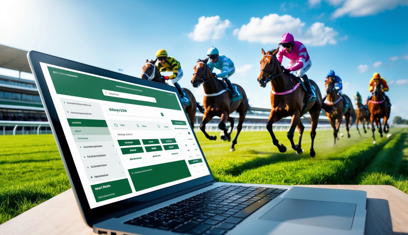 Layar laptop menampilkan situs judi balap kuda dengan latar belakang kuda pacu berlari di lintasan hijau.