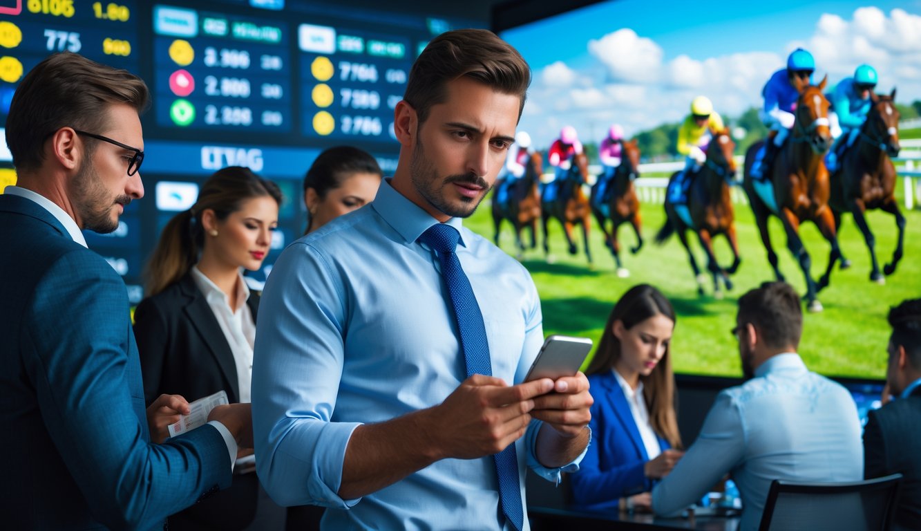 Orang-orang fokus melihat layar besar menampilkan balap kuda dengan seorang pria memegang tiket taruhan dan ponsel di tangan.