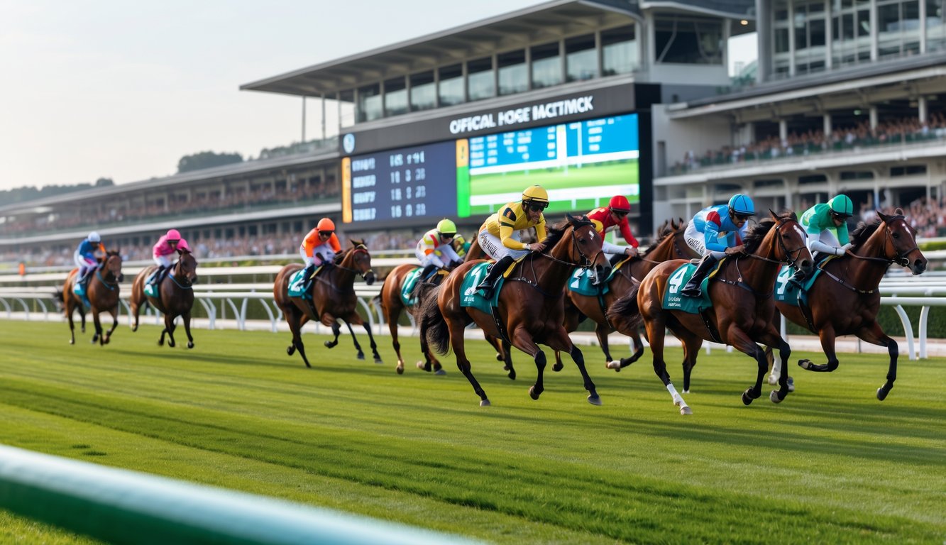 Lomba pacuan kuda resmi dengan kuda dan joki berlari di lintasan, penonton di tribun, dan papan skor digital di latar belakang.