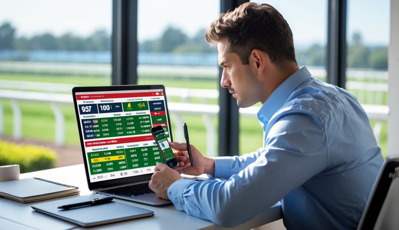 Seorang pria muda duduk di meja dengan laptop, menganalisis data balap kuda online di ruangan terang dengan jendela yang menunjukkan lintasan balap di kejauhan.