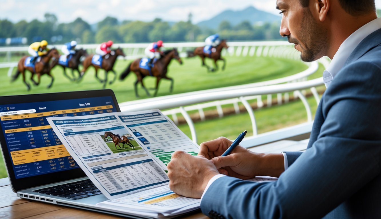 Seorang individu sedang memilih kuda terbaik untuk taruhan di dekat lintasan pacuan kuda dengan latar kuda yang sedang berlari.
