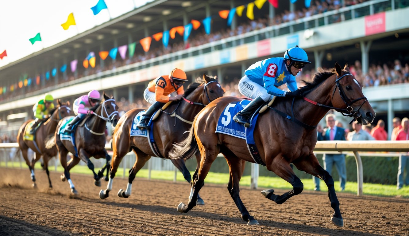Beberapa kuda pacu dengan joki berwarna-warni sedang berlari kencang di lintasan pacuan kuda dengan penonton di latar belakang.