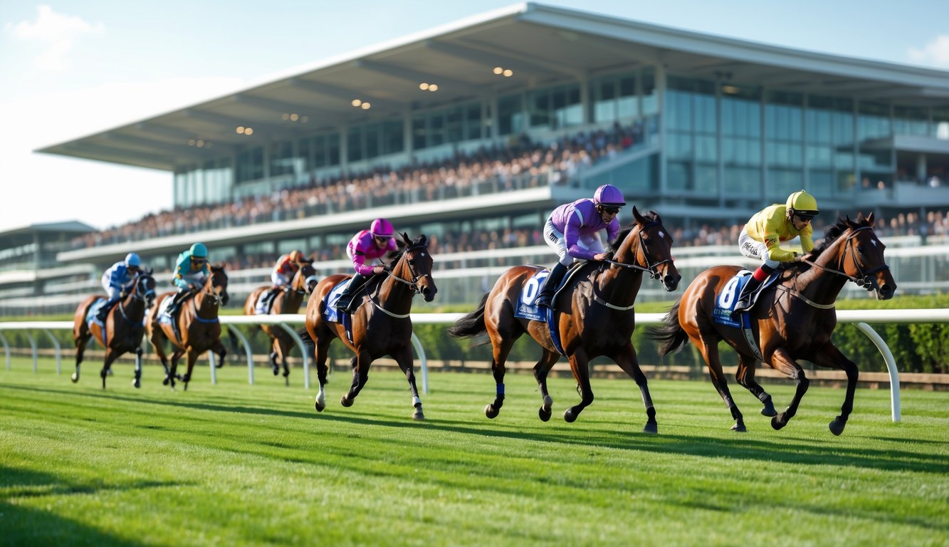 Beberapa kuda pacuan dengan joki berwarna-warni sedang berlari cepat di lintasan pacuan kuda dengan tribun penonton di latar belakang.