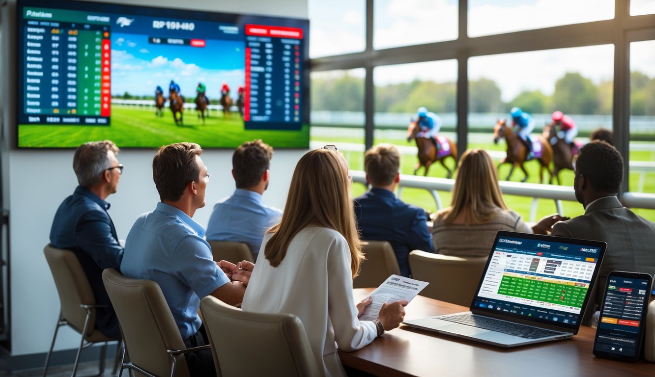 Seorang pemula sedang memperhatikan layar besar dengan informasi balap kuda sambil memegang slip taruhan di dekat jendela yang menghadap ke lintasan balap kuda.