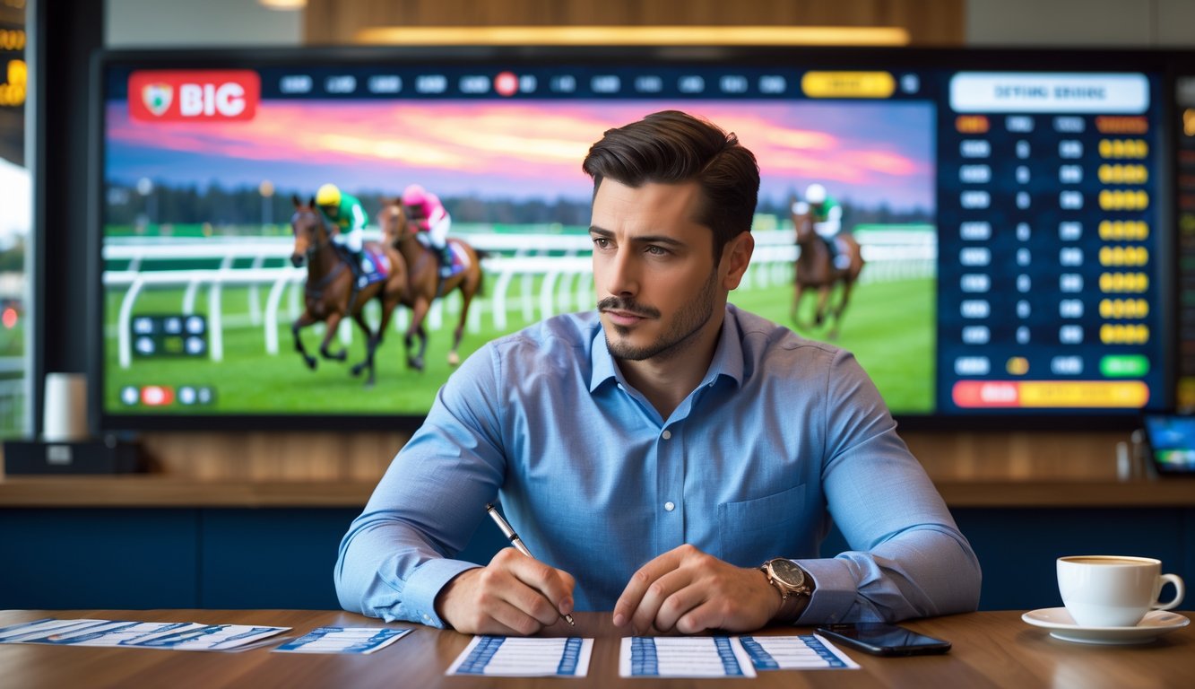 Seorang pria berpakaian kasual rapi duduk di meja di tempat taruhan balap kuda, memperhatikan layar besar yang menampilkan balapan kuda secara langsung sambil menganalisis informasi taruhan.