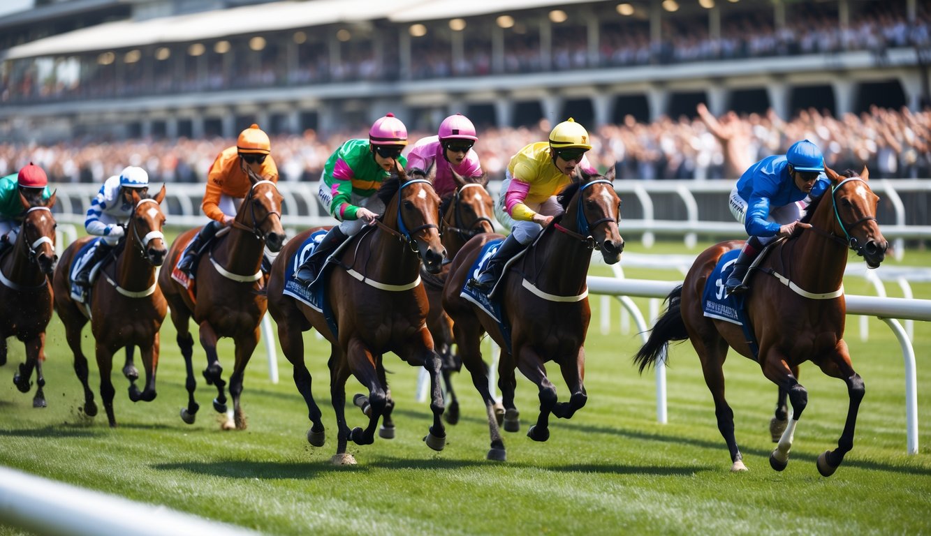 Balapan kuda dengan joki mengenakan pakaian warna-warni dan penonton bersorak di tribun.