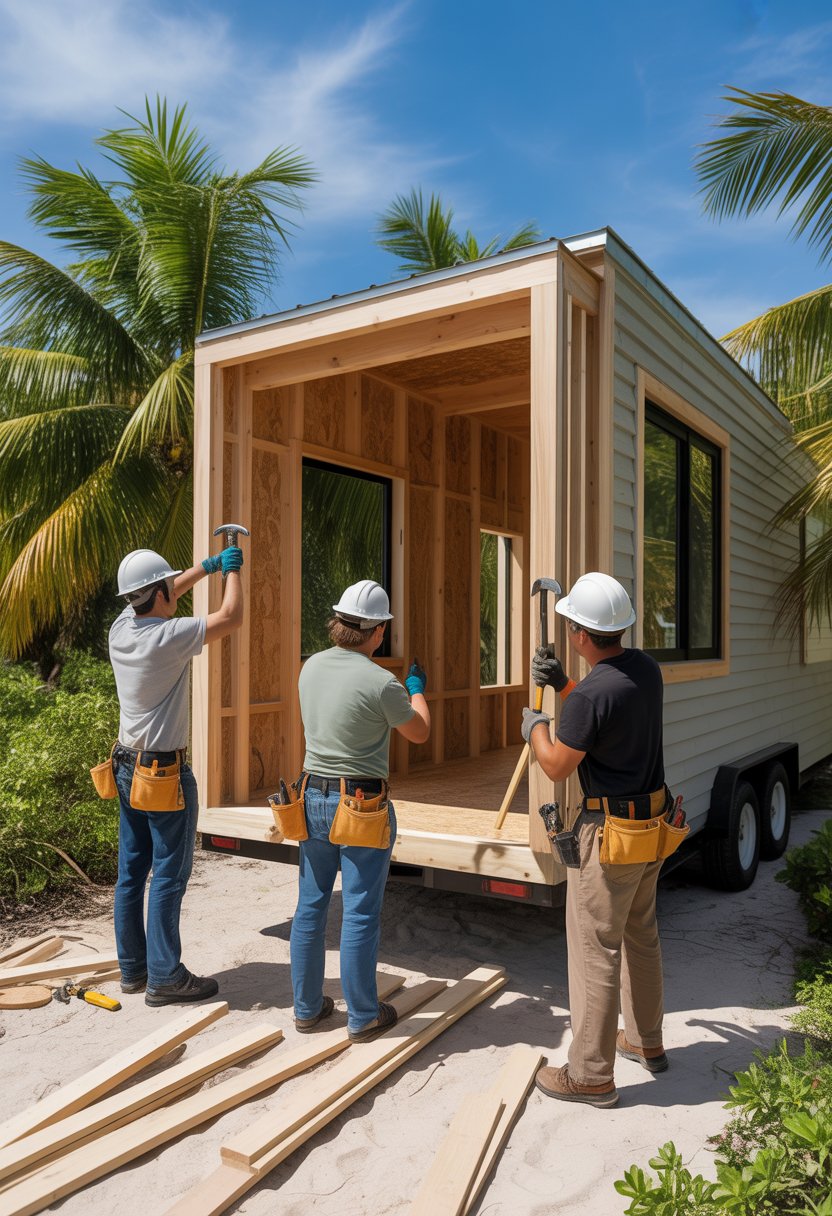Tiny Home Builders in Florida: Top 5 Trusted Experts for Your Dream Space 1 A small team of builders working on constructing a tiny home outdoors in a sunny Florida setting with palm trees and tropical plants.