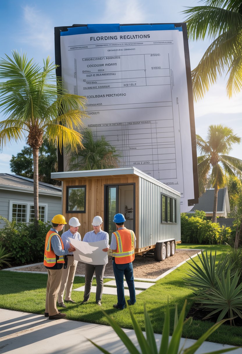 Tiny Home Builders in Florida: Top 5 Trusted Experts for Your Dream Space 7 A group of builders and architects reviewing plans outside a modern tiny home surrounded by palm trees in a sunny Florida neighborhood.