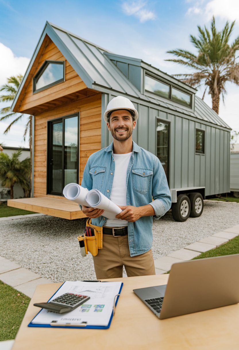 Tiny Home Builders in Florida: Top 5 Trusted Experts for Your Dream Space 8 A tiny home builder stands outside a modern tiny home in Florida, holding blueprints and a tablet, with a sunny background featuring palm trees.