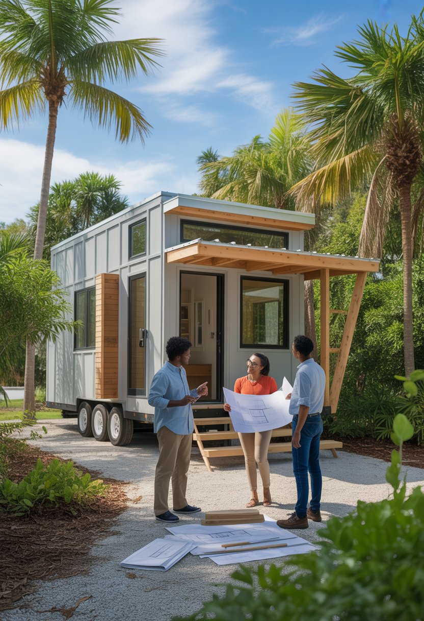 Tiny Home Builders in Florida: Top 5 Trusted Experts for Your Dream Space 9 A small modern tiny home in Florida surrounded by palm trees with people discussing building plans outside.