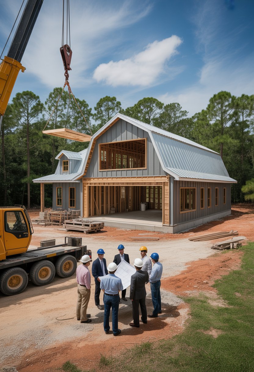Barndominium Builders in North Florida: Top 5 Trusted Companies Reviewed 7 Construction professionals reviewing plans at a barndominium building site surrounded by trees and clear skies.