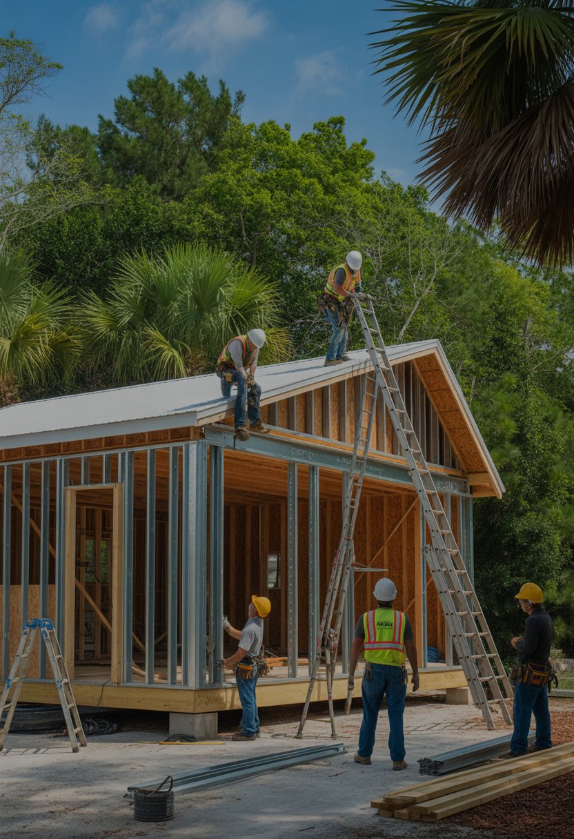 Barndominium Builders in North Florida: Top 5 Trusted Companies Reviewed 9 Builders working on a barndominium construction site surrounded by green vegetation and palm trees in North Florida.