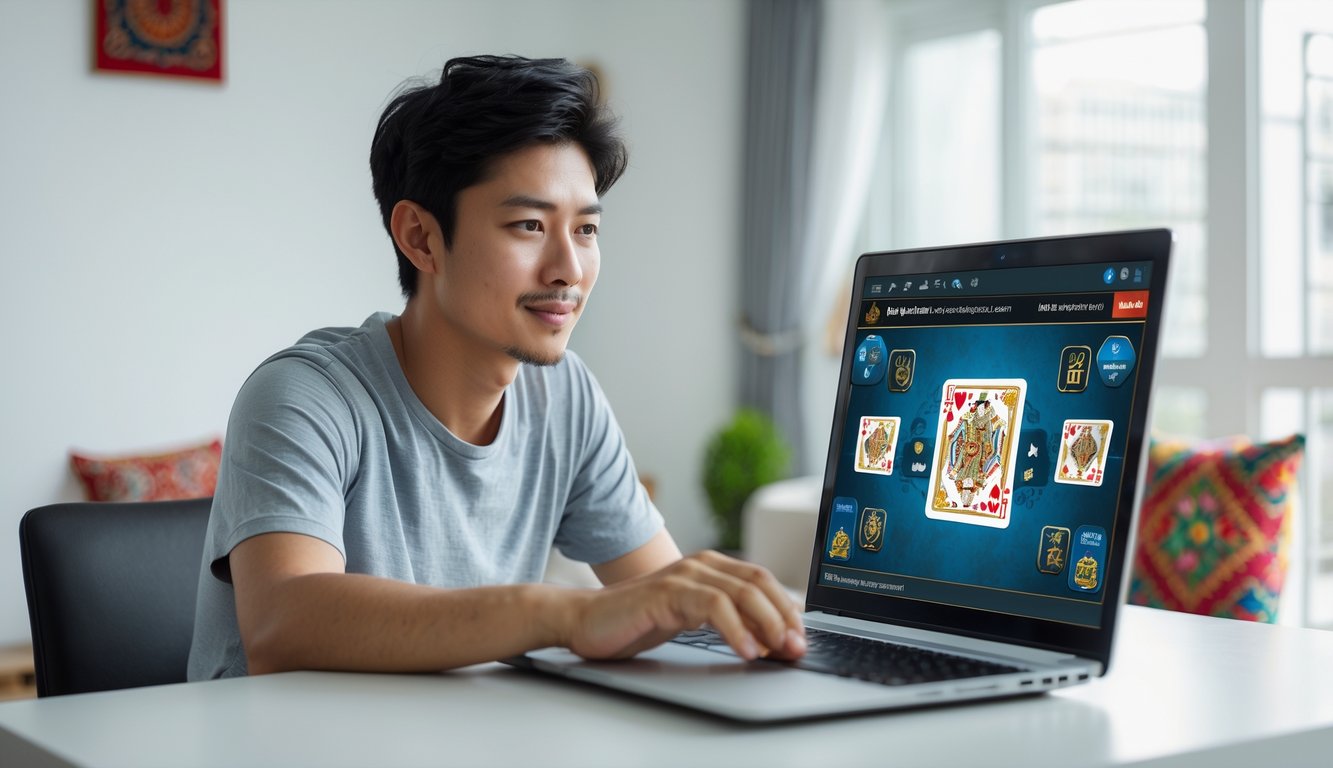 Seorang pemula sedang belajar bermain ceme online menggunakan laptop di ruang tamu yang nyaman.