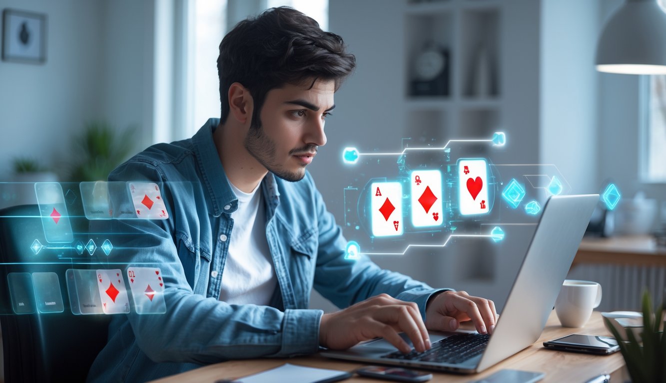 Seorang pria muda sedang bermain permainan kartu online dengan fokus di depan laptop di meja kerja yang rapi.