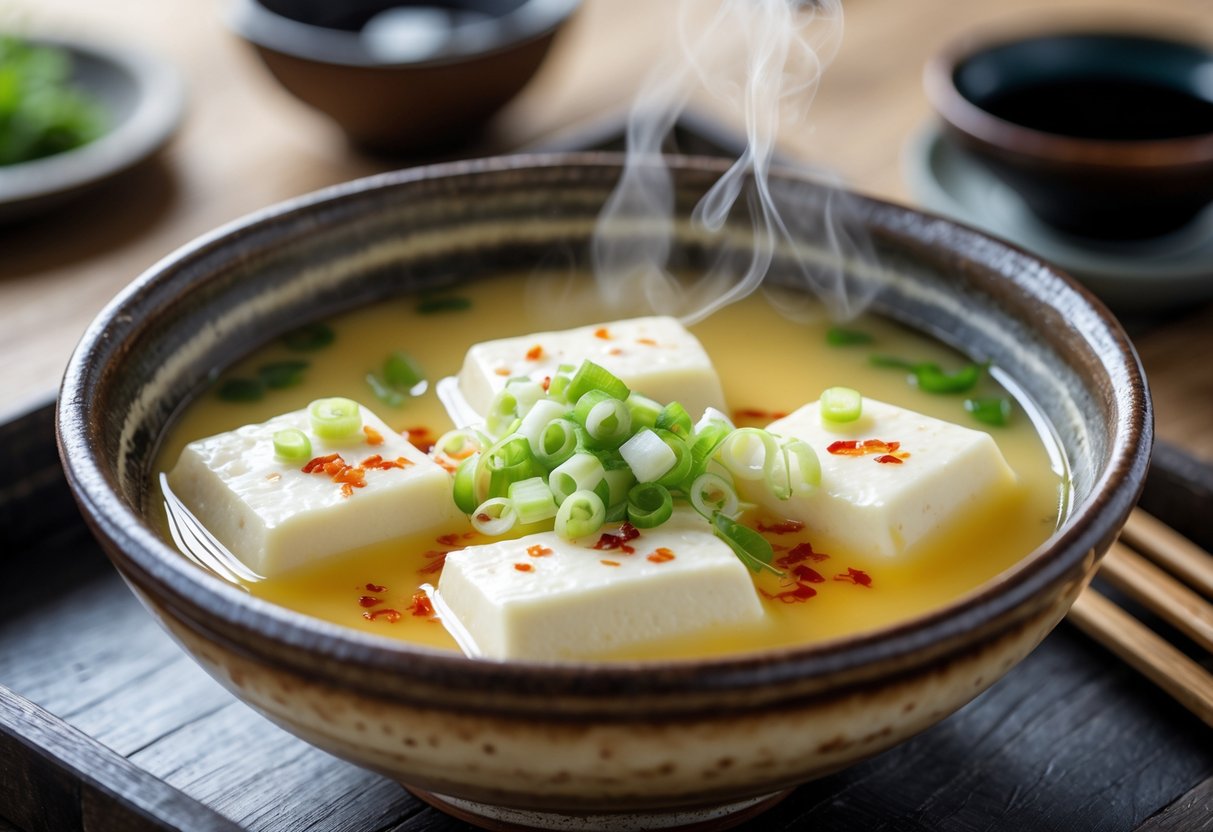 A bowl of Korean soft tofu and egg pudding garnished with green onions and chili flakes on a wooden table.
