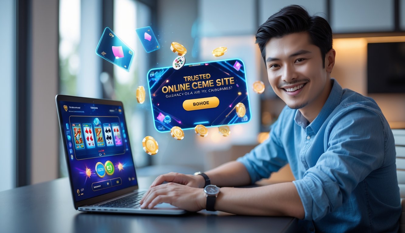 Seorang pria muda duduk di depan laptop bermain permainan kartu online dengan ekspresi senang di ruang kerja modern.