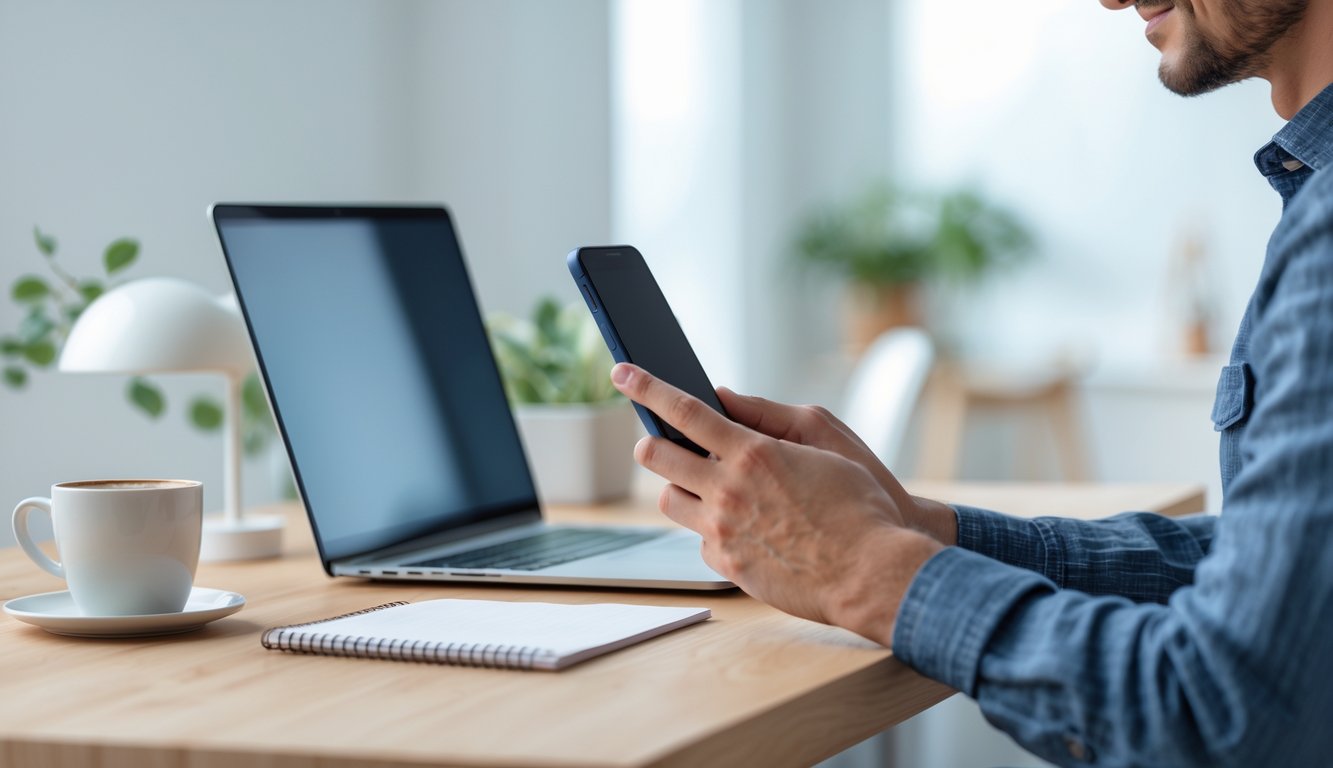Seseorang menggunakan ponsel dan laptop di meja kerja yang rapi dan terang.