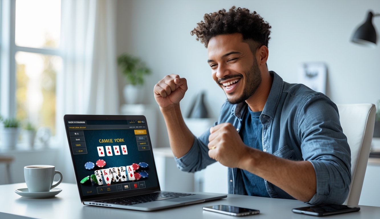 Seorang dewasa muda duduk di meja dengan laptop, menunjukkan ekspresi senang setelah menang dalam permainan judi online.