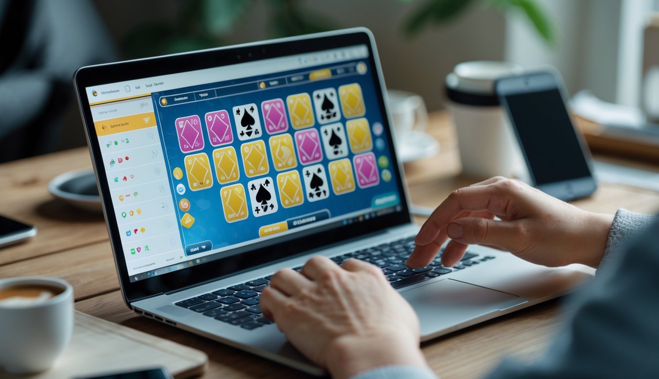 Seseorang sedang bermain permainan kartu online di laptop di ruang kerja rumah yang nyaman.