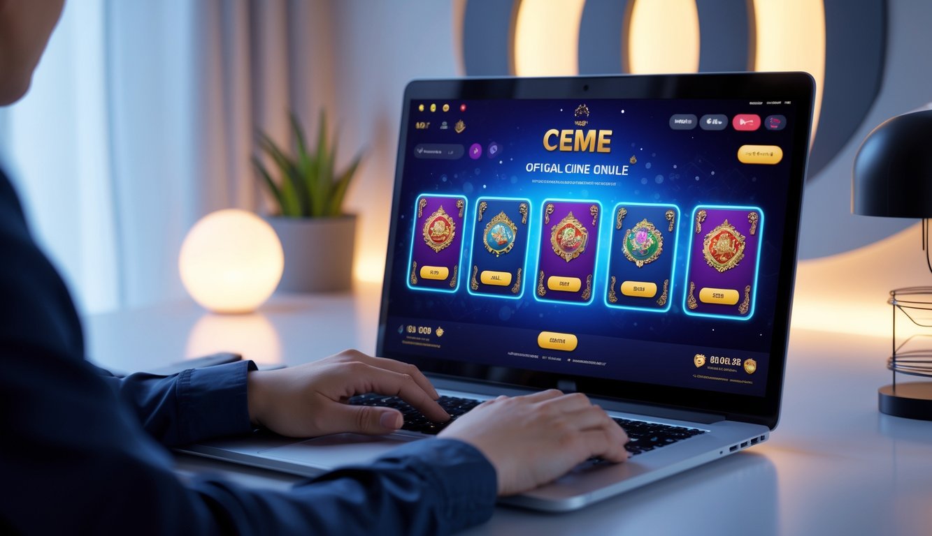 Seseorang menggunakan laptop di meja kerja dengan tampilan permainan kartu ceme online yang resmi.