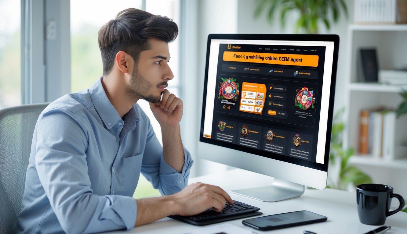 Seorang pria muda duduk di meja kerja dengan laptop, melihat layar komputer di ruang kerja yang terang dan rapi.