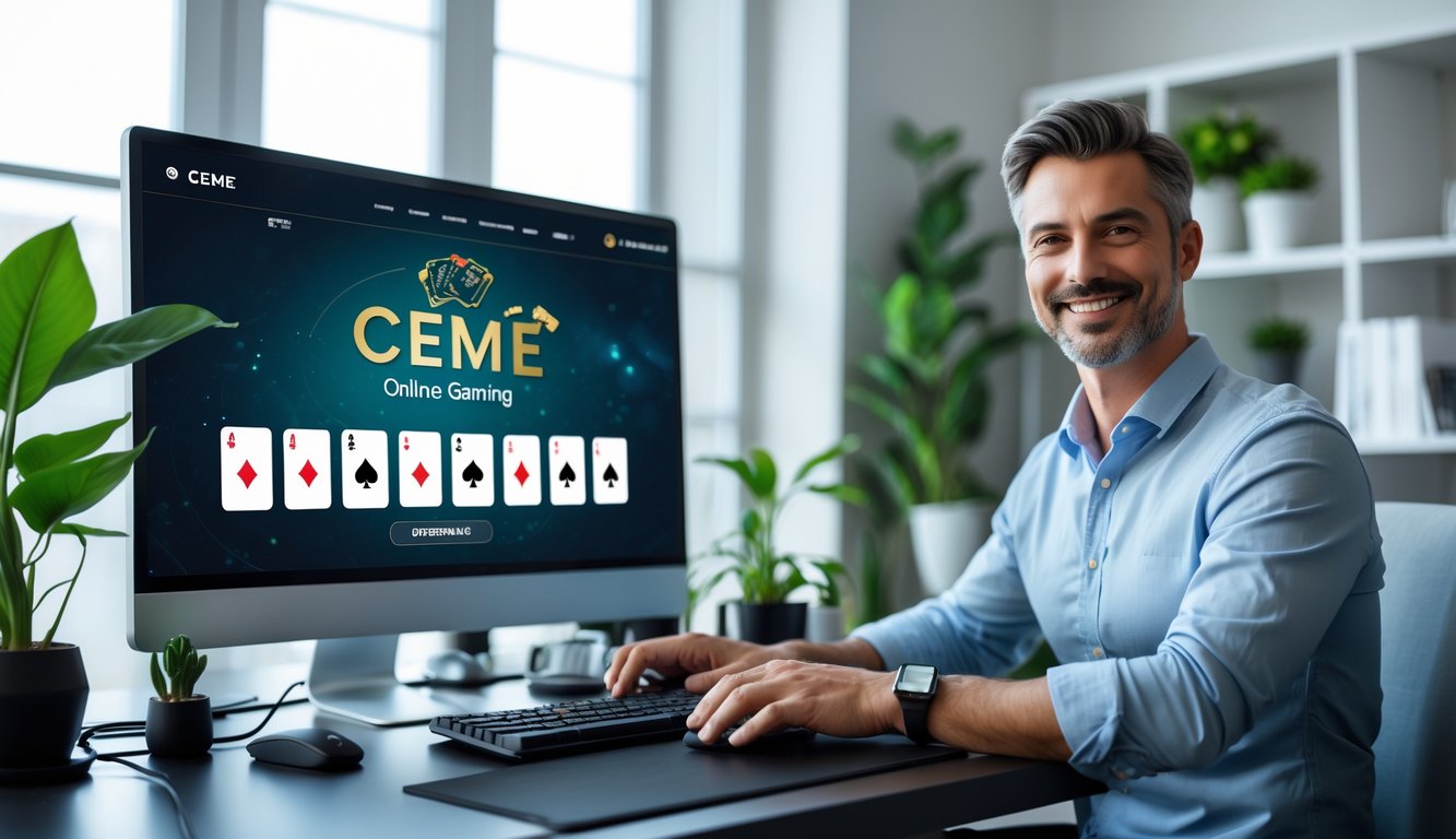 Seorang pria dewasa duduk di depan komputer di ruang kerja yang terang dan rapi, terlihat sedang menggunakan situs permainan kartu online dengan suasana yang aman dan terpercaya.