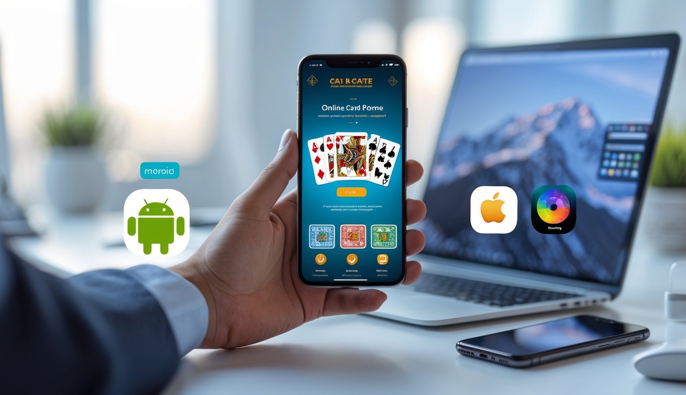 Seseorang memegang ponsel yang menampilkan aplikasi permainan kartu online dengan latar meja kerja dan perangkat Android serta iPhone di sekitarnya.