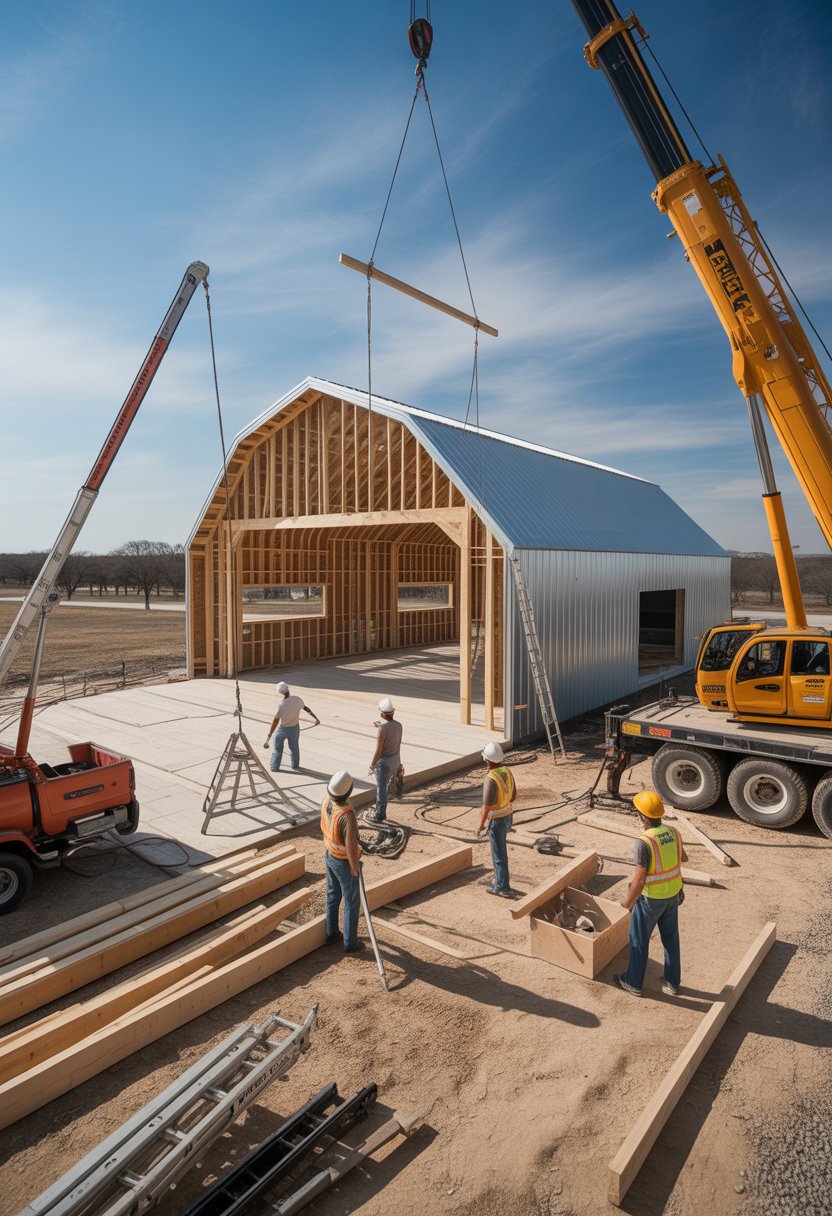 Builders working on a large barndominium construction site in a sunny Texas landscape.