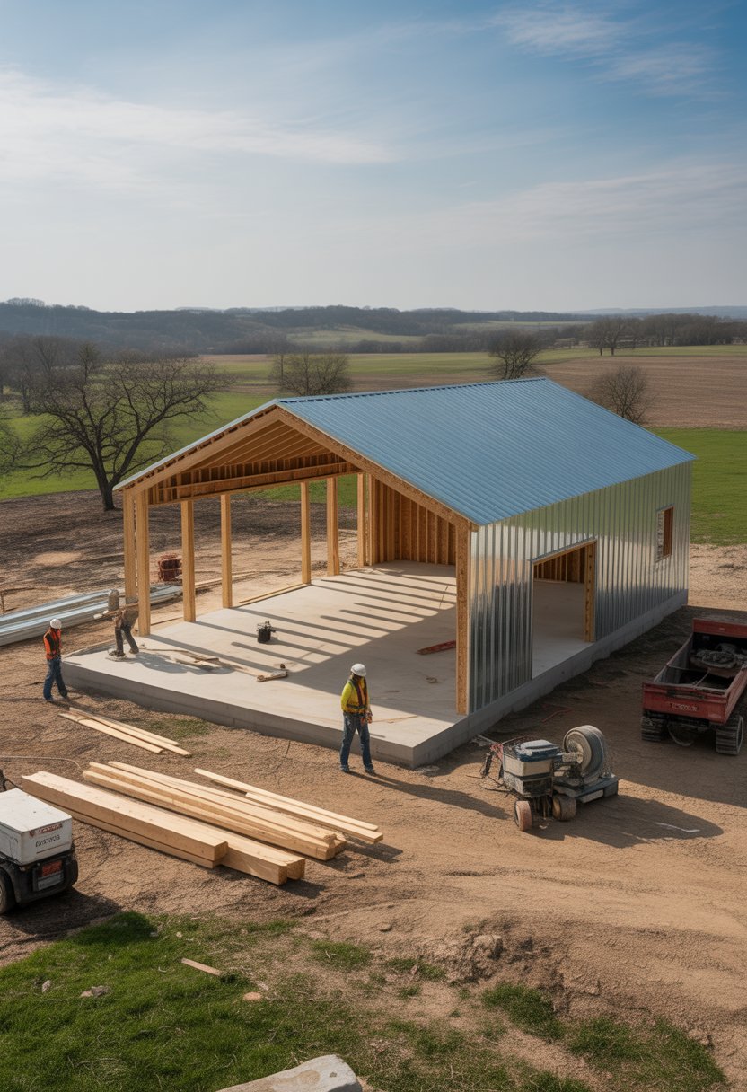 A partially built barndominium with construction workers and materials in a sunny Texas landscape.