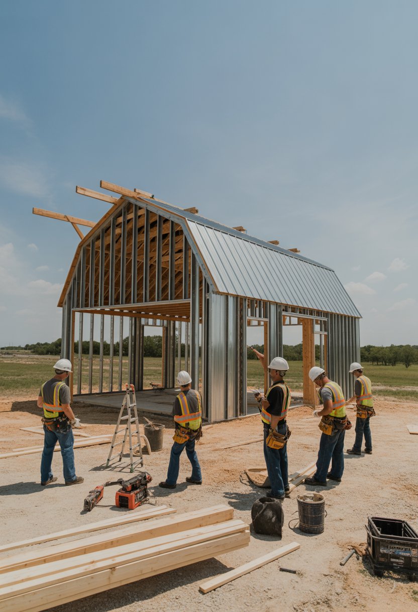 Barndominium Builders In North Texas: 5 Trusted Options To Consider 2 Builders working on a partially constructed barndominium in an open North Texas landscape under a clear sky.