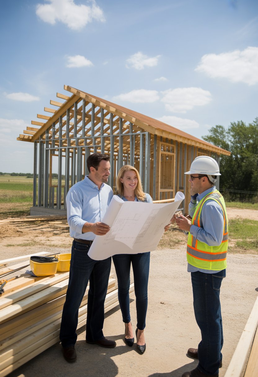 Barndominium Builders In North Texas: 5 Trusted Options To Consider 8 A couple and a builder reviewing blueprints near a barndominium under construction in a rural North Texas setting.