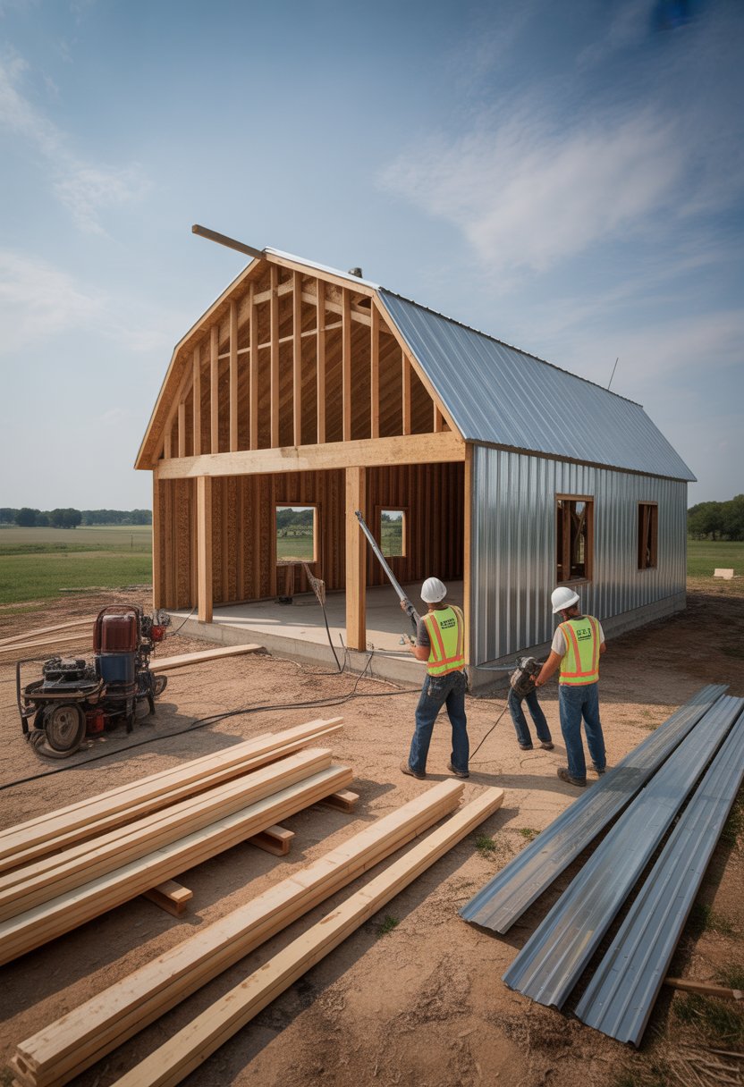 Barndominium Builders In North Texas: 5 Trusted Options To Consider 9 Builders working on a partially constructed barndominium in a rural North Texas setting with construction materials and equipment around.