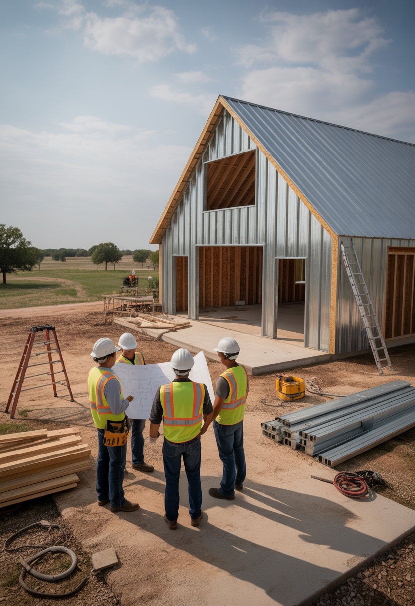 Barndominium Builders In North Texas: 5 Trusted Options To Consider 10 Builders working together at a barndominium construction site in a rural area with clear skies and open land in the background.