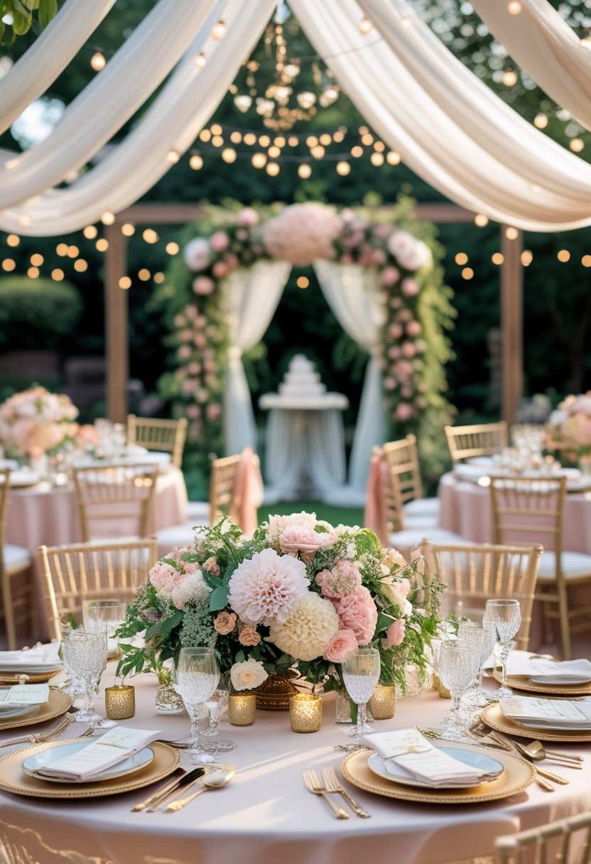 An outdoor wedding reception with tables decorated with floral centerpieces, fine table settings, and a floral archway in the background.