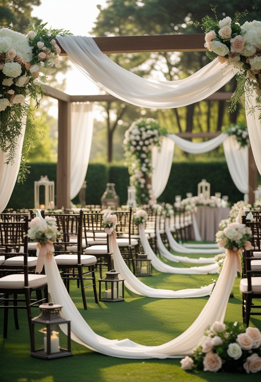 An outdoor wedding ceremony setup with floral decorations, wooden arches, and rows of chairs on a lawn surrounded by trees.