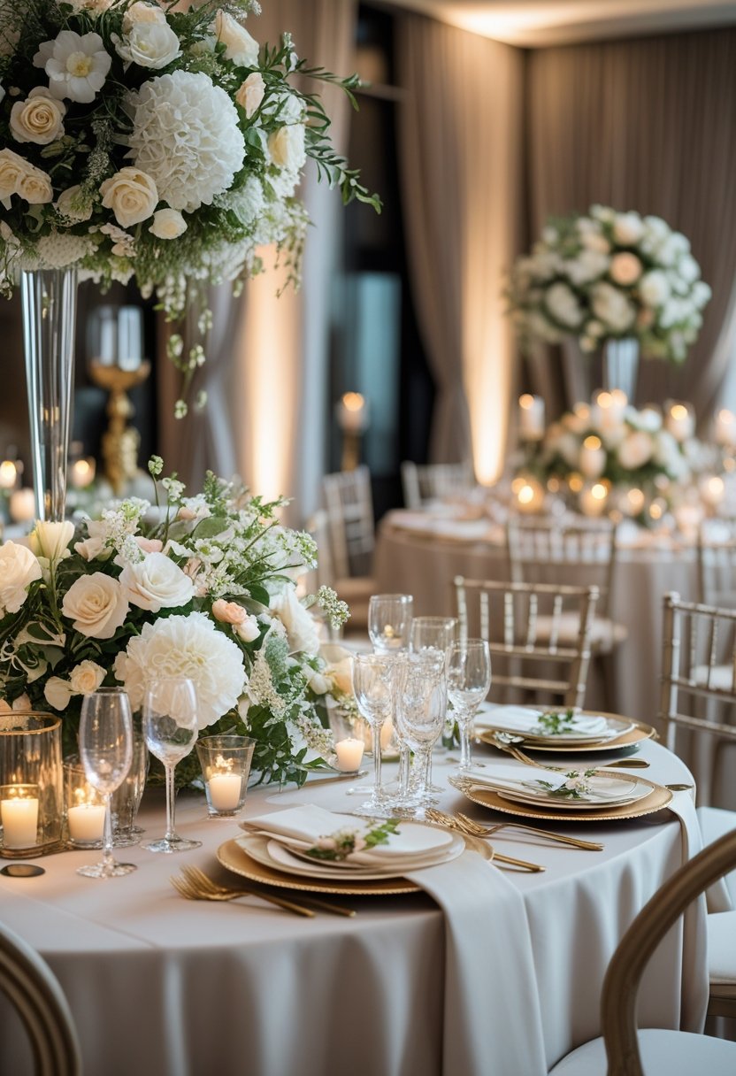 A beautifully decorated wedding reception area with floral arrangements, candles, and elegant table settings.