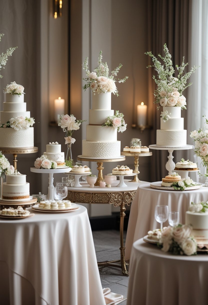 A wedding dessert and cake display with elegant cakes, floral decorations, and softly lit tables in an upscale venue.