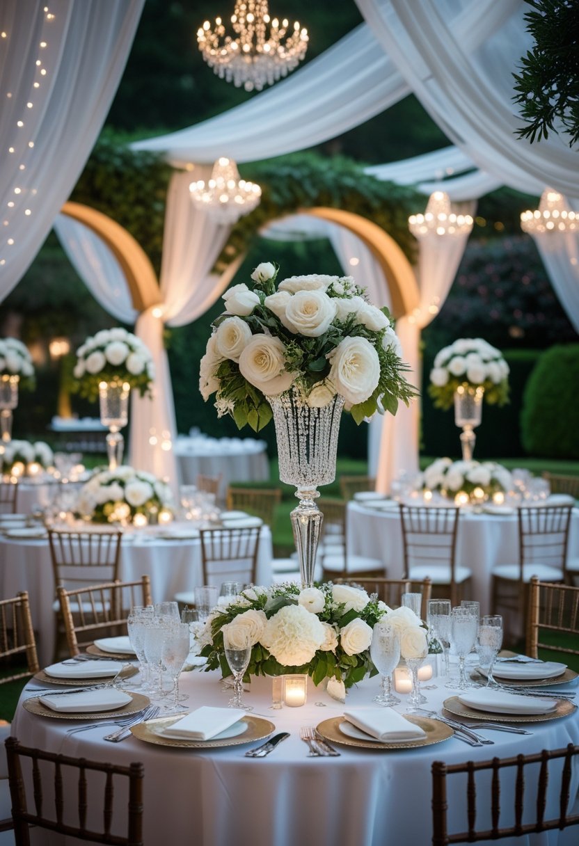 An elegant outdoor wedding reception with round tables decorated with white flowers, fine table settings, and soft lighting in a garden.