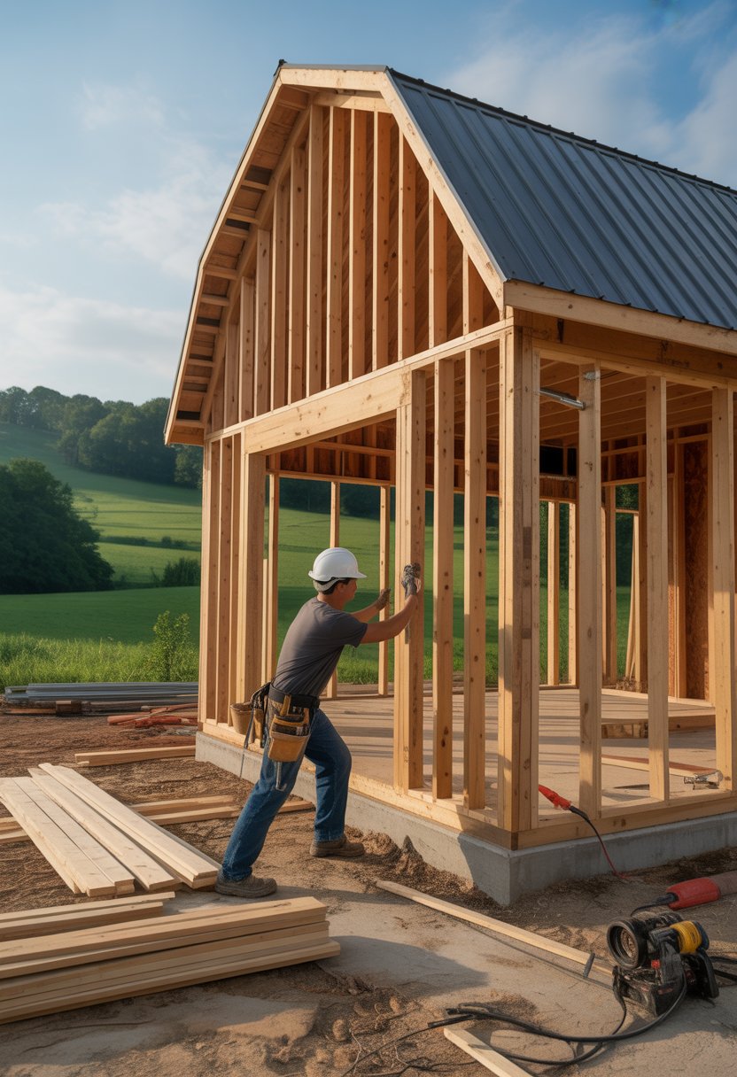 Who Builds Barndominiums in Alabama: Top Builders & Kits 2 A construction worker building a barndominium in a green rural area with hills and clear sky.