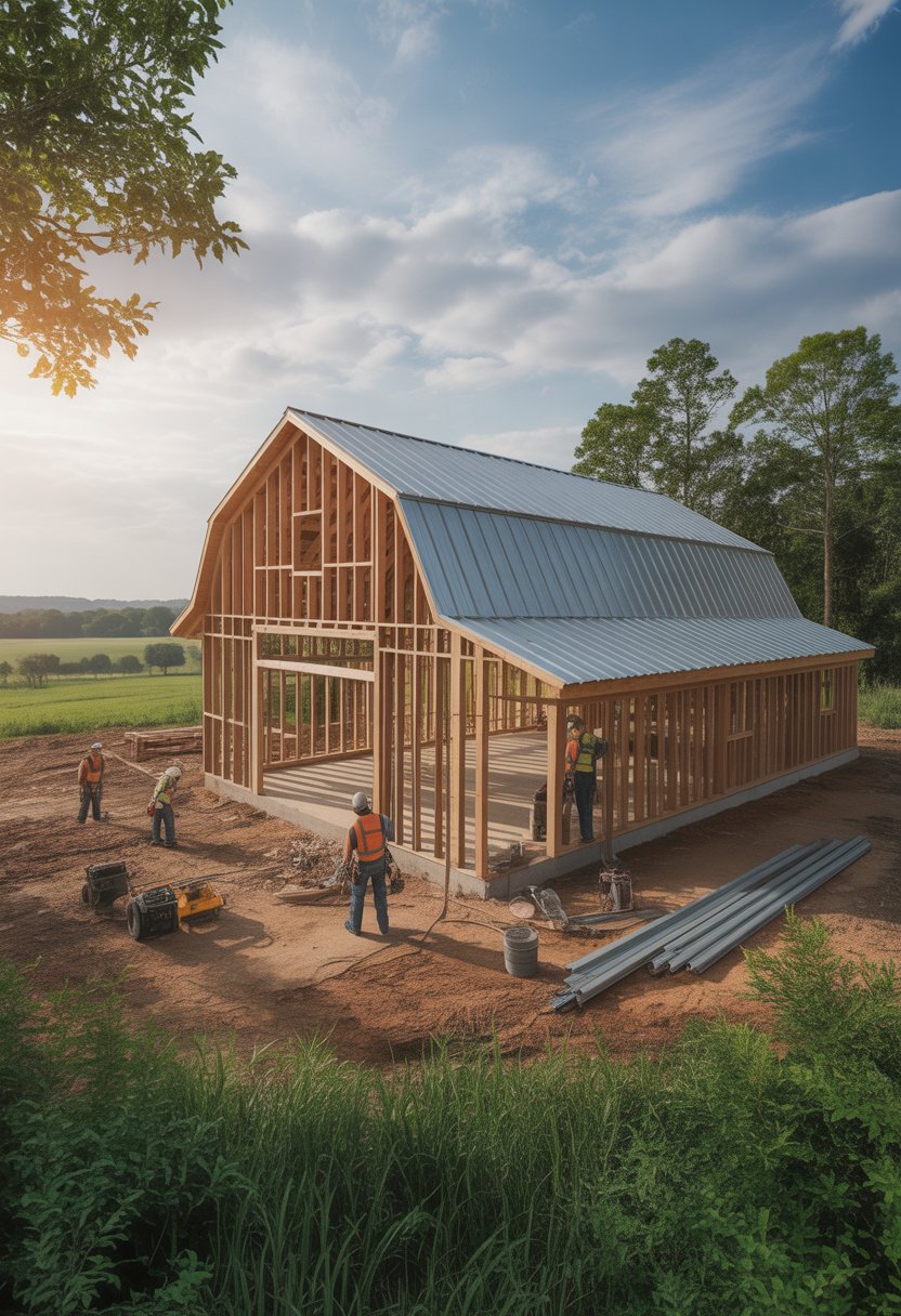 Who Builds Barndominiums in Alabama: Top Builders & Kits 3 Builders working on a barndominium construction site in a rural area with green fields and trees.