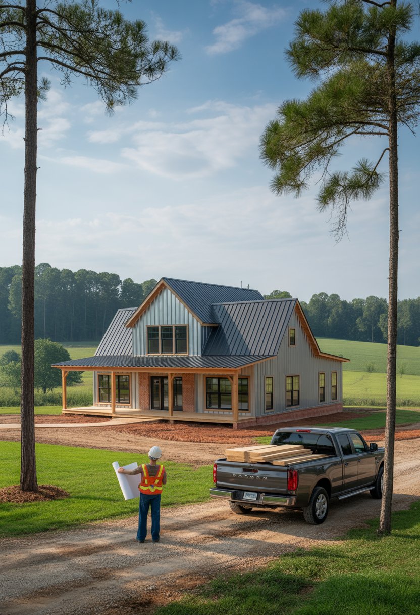 Who Builds Barndominiums in Alabama: Top Builders & Kits 4 A newly built barndominium in a green rural area with a construction worker reviewing plans beside a pickup truck.