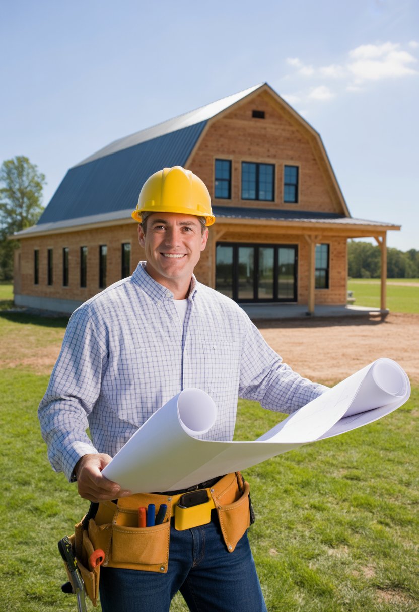 Who Builds Barndominiums in Alabama: Top Builders & Kits 5 A builder wearing a hard hat and holding blueprints stands in front of a modern barndominium in a rural Alabama setting.