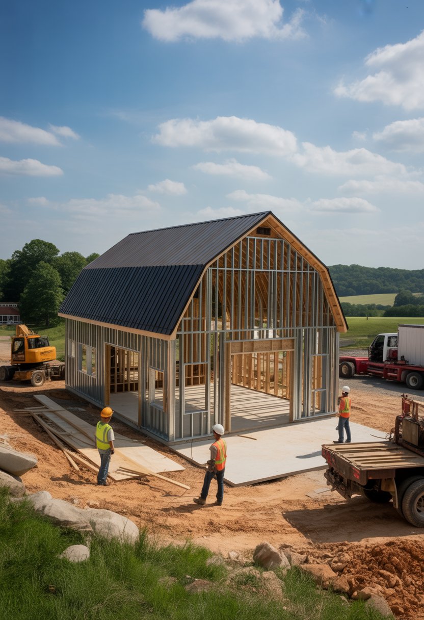 Who Builds Barndominiums in Alabama: Top Builders & Kits 6 A barndominium under construction with workers and equipment in a rural Alabama landscape.